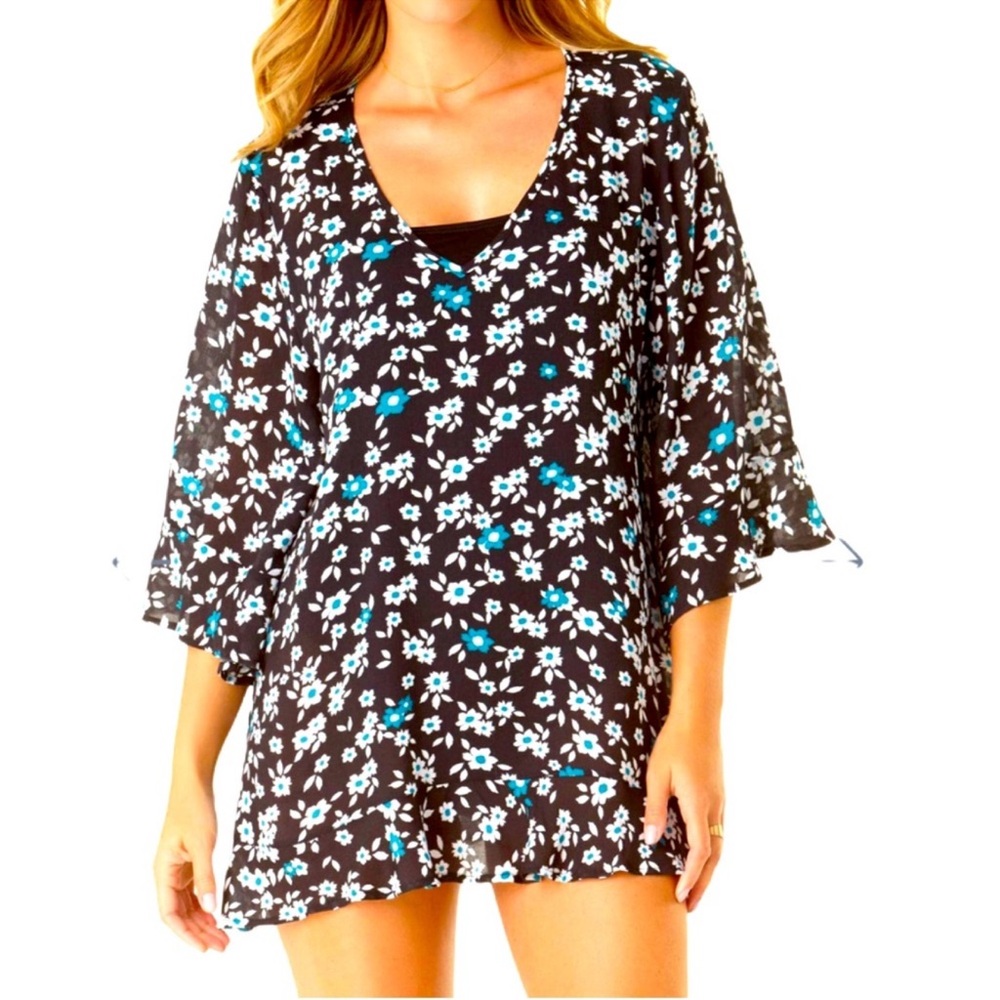 Anne Cole Beautiful Bunches Flounce Swim Coverup Top Black White Size XS/S